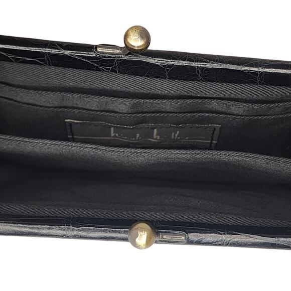 Vintage Nicole Miller Black Leather Mini Bag Crocodile Embossed Kiss Lock Retro - Picture 6 of 6